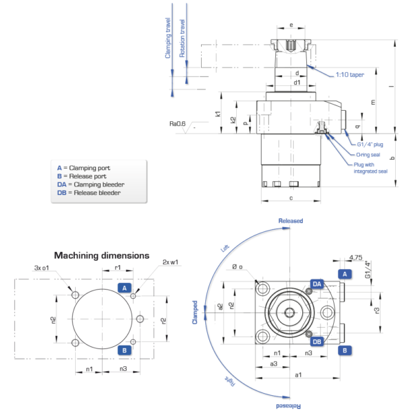 Universal double-acting swing clamp - 500 bar - Supplied through taps ...